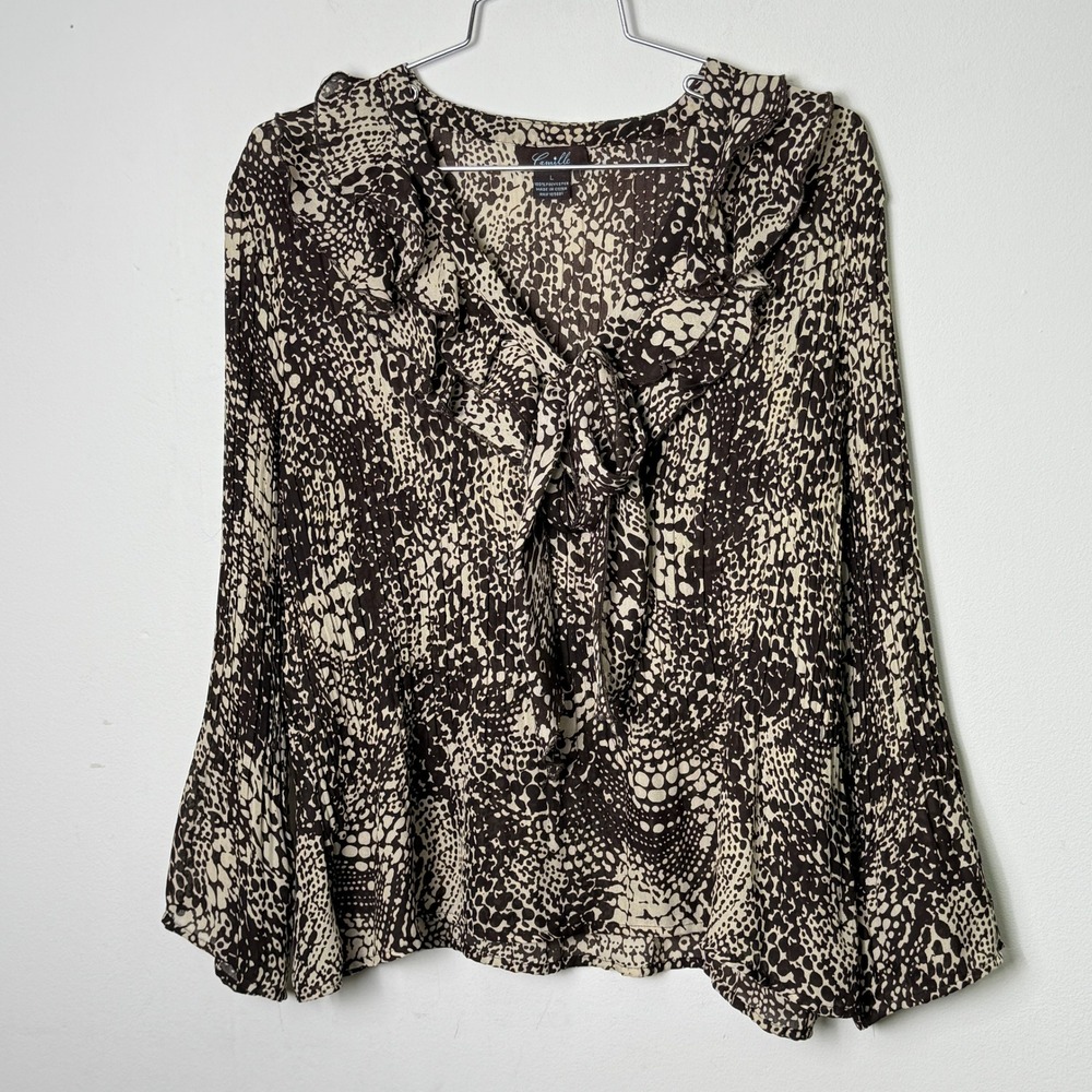 VTG Camille La Vie Women's L‎ Brown Ruffle Tie Neck Long Sleeve Blouse Top